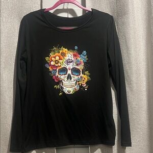 Black Long Sleeve Shirt with Colorful Skull Design